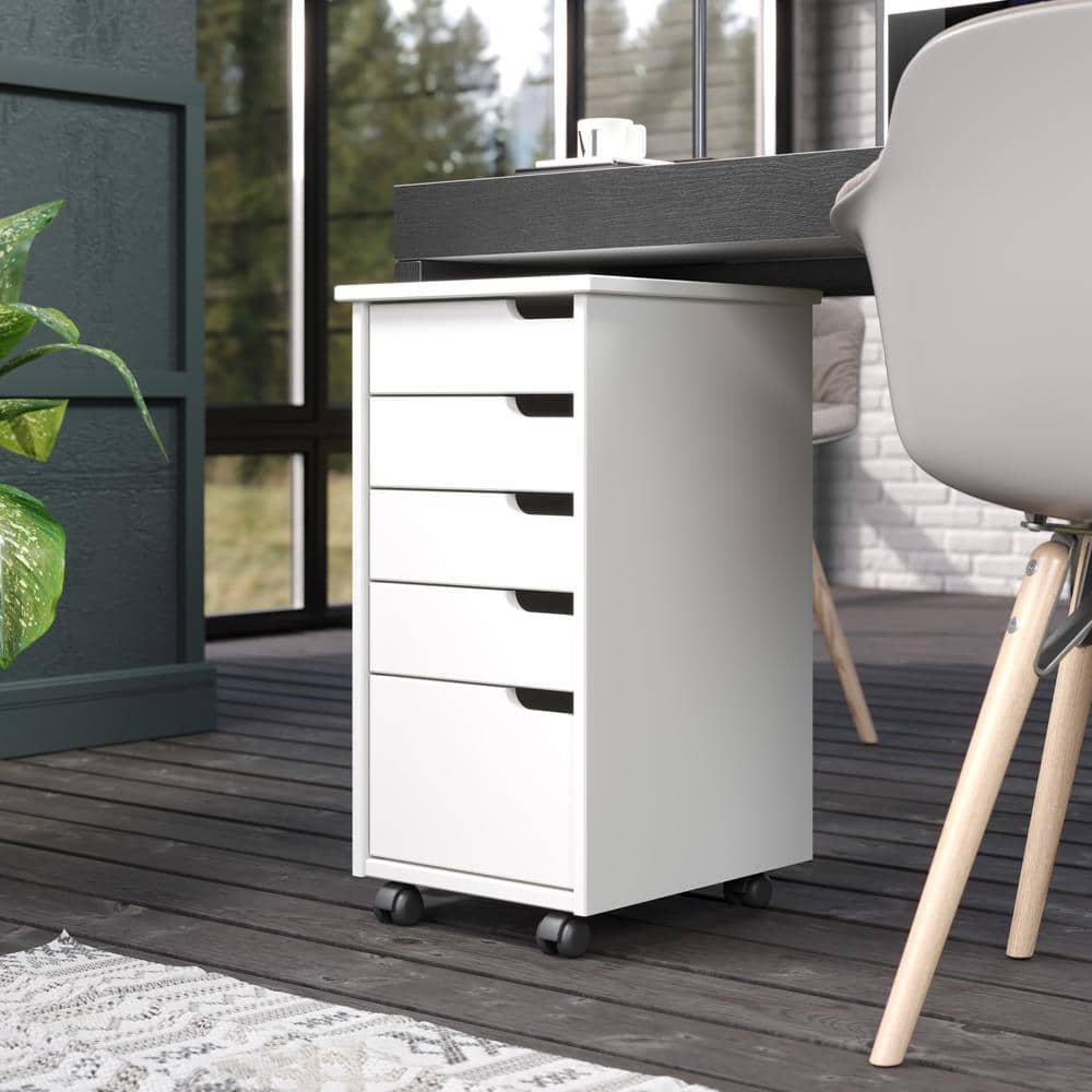 White Solid Wood 5-Drawer Rolling Storage Cart