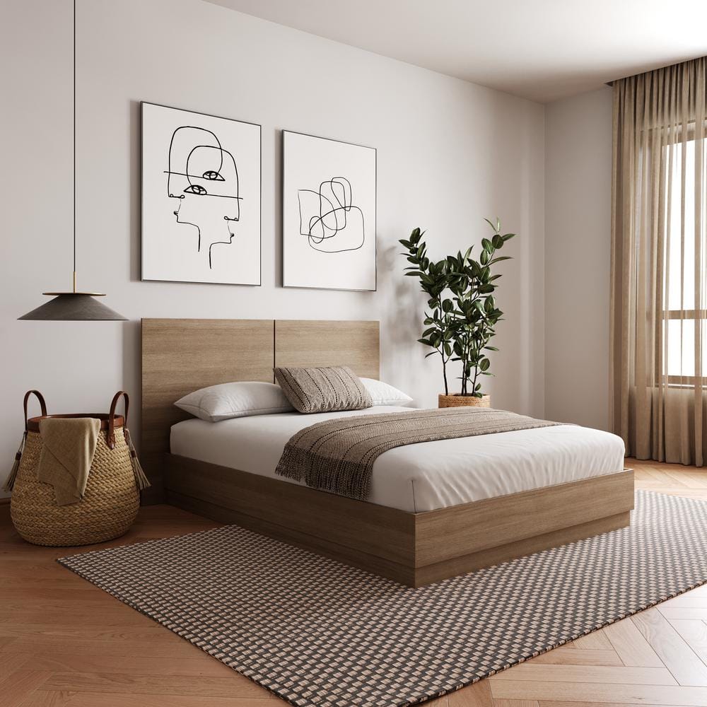 Queen Oak Wood Frame Upholstered Platform Bed with Headboard
