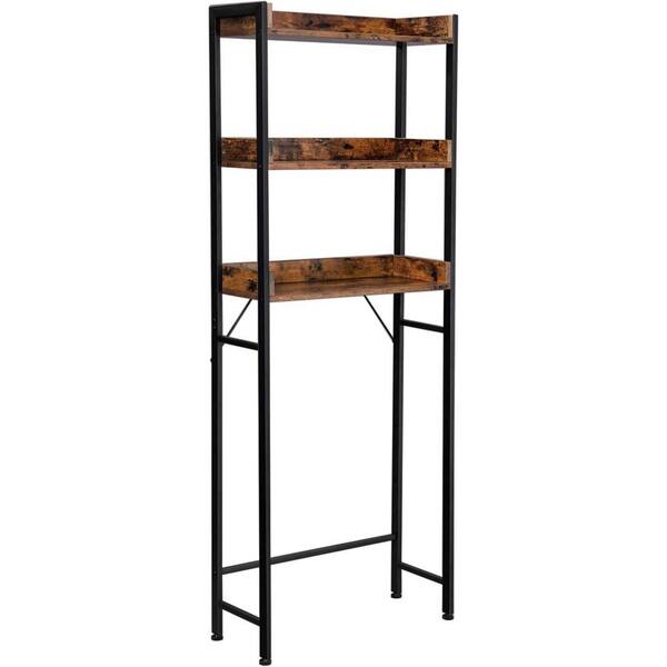 Benjara Kiu 9.84 in. W x 64.96 in. H x 24.8 in. D Brown Wood 3 Open Shelves Bathroom Storage with Black Steel