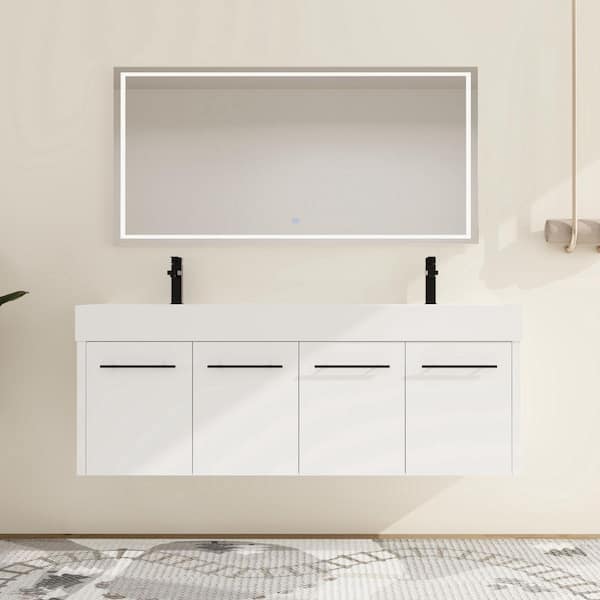 59.1 in. W x 18.1 in. D x 22.4 in. H Wall Mounted Double White Bath Vanity with White Resin Top