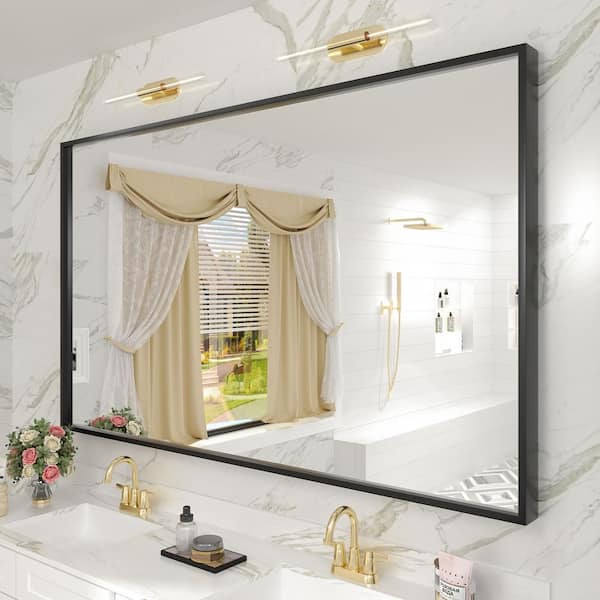 Apmir 60 in. W x 36 in. H Rectangular Aluminum Alloy Framed and Tempered Glass Wall Bathroom Vanity Mirror in Matte Black