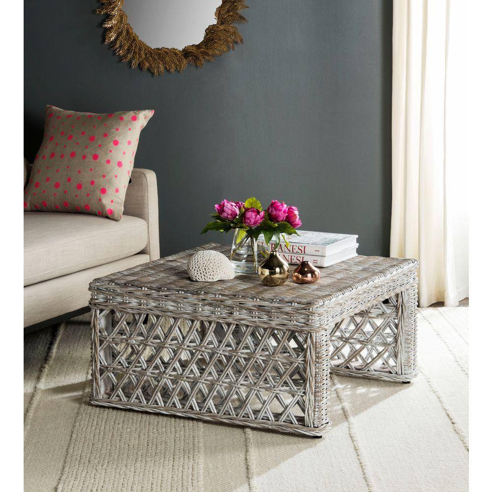 White Wash Wicker and Mahogany Square Coffee Table