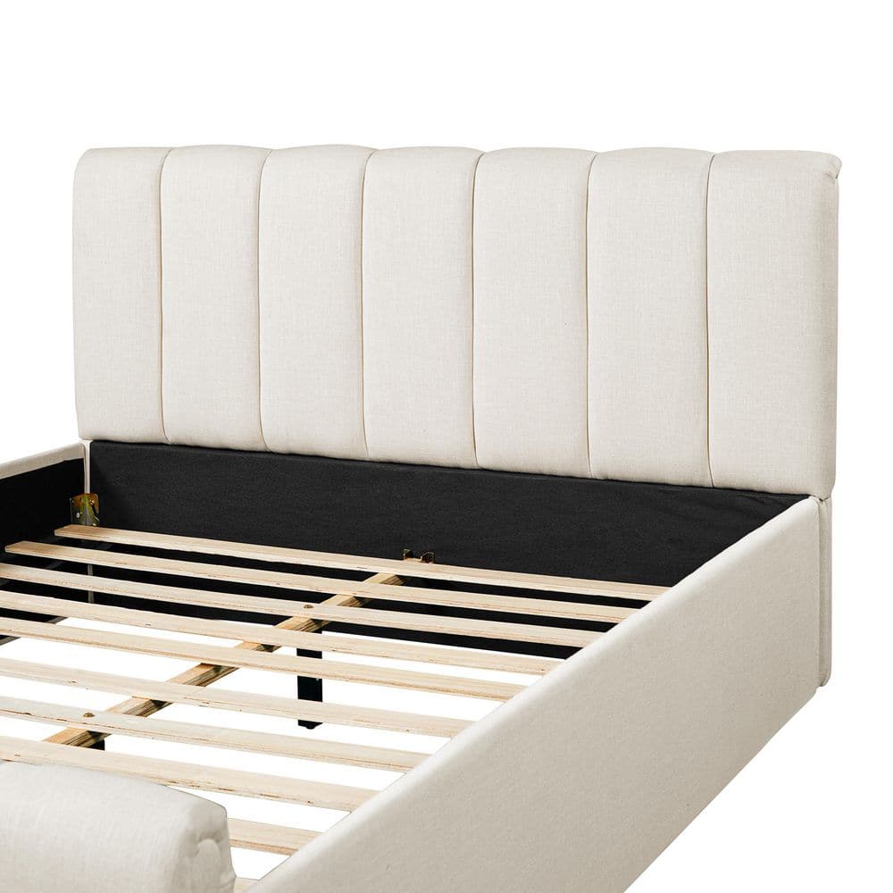Bastin Beige Linen Fabric Upholstered Wood Frame King Size Platform Bed with Pipes Tufted Thick Headboard - thumbnail 7