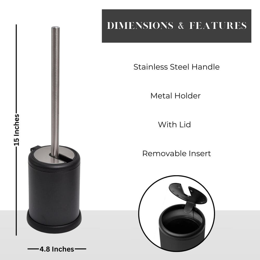 Compact Black and Stainless Steel Toilet Brush Set with Folding Lid