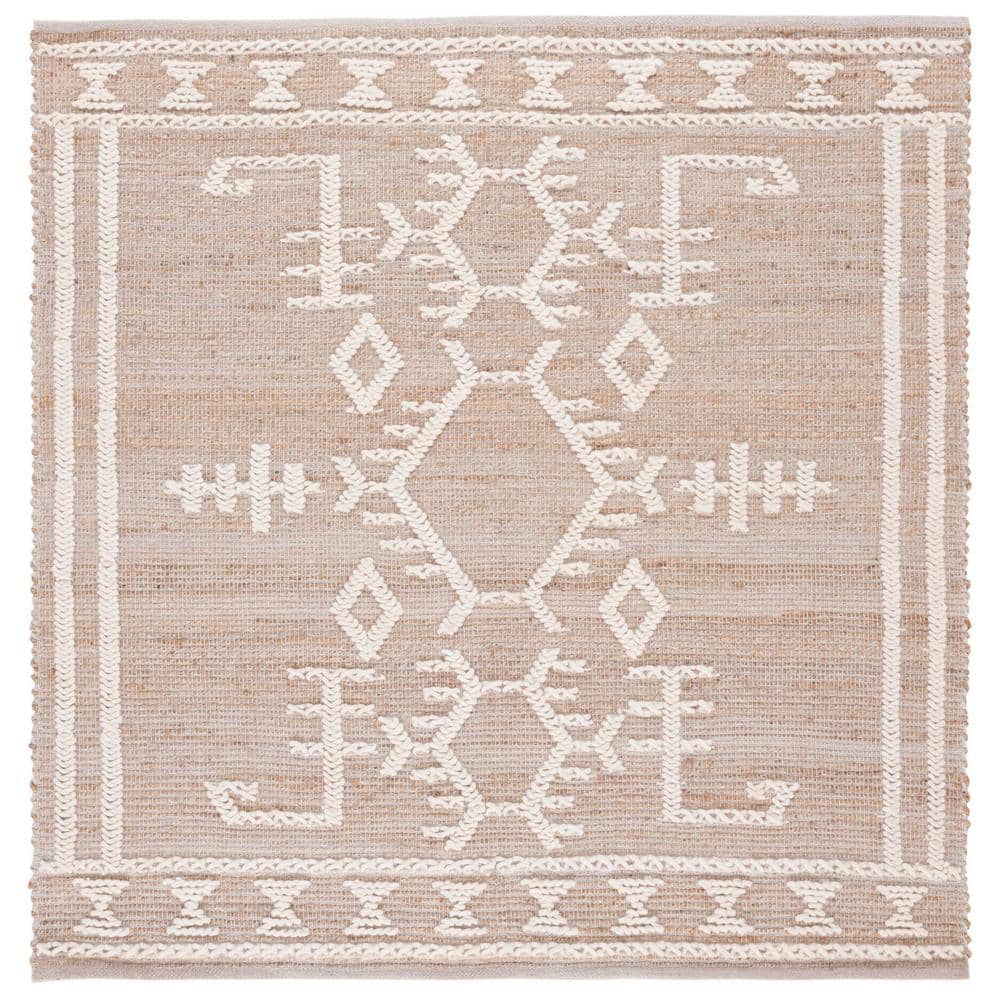 Ivory and Natural Flat Woven Wool Square Rug