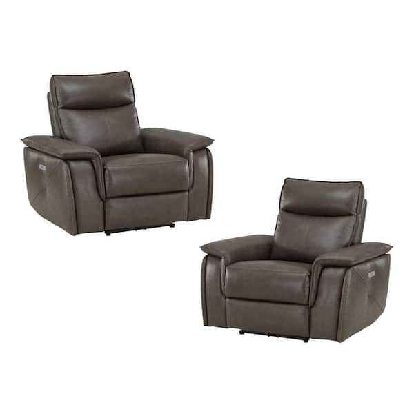 EVERGLADE HOME Verkin Dark Brown Leather Upholstery Power Reclining Chair with Power Headrest (Set of 2)