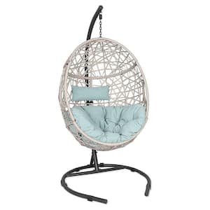 41.5 in. Black Metal Patio Swing Egg Chair with Light Blue Cushions