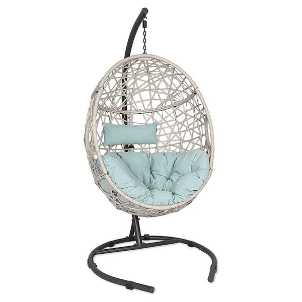 Maincraft 41.5 in. Black Metal Patio Swing Egg Chair with Light Blue Cushions