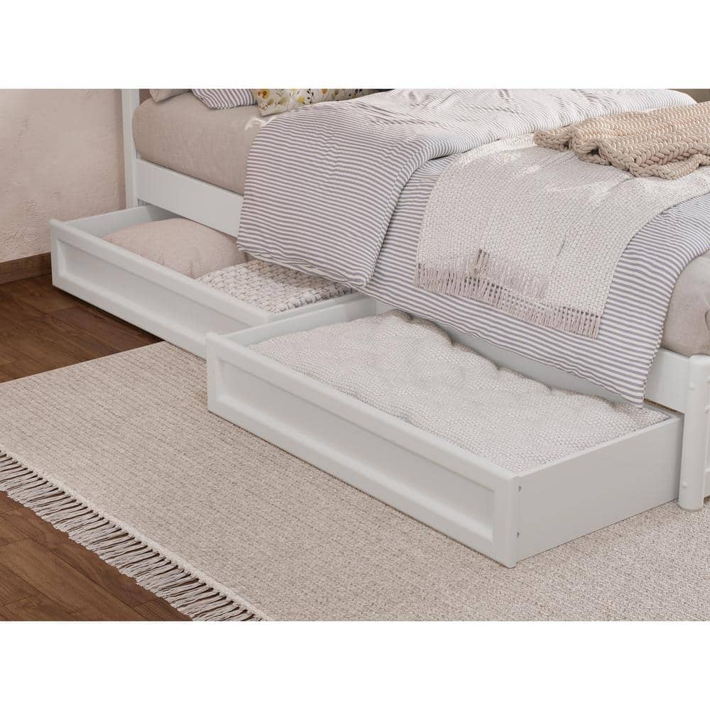 White Twin Wood Platform Bed with Storage Drawers and Slats