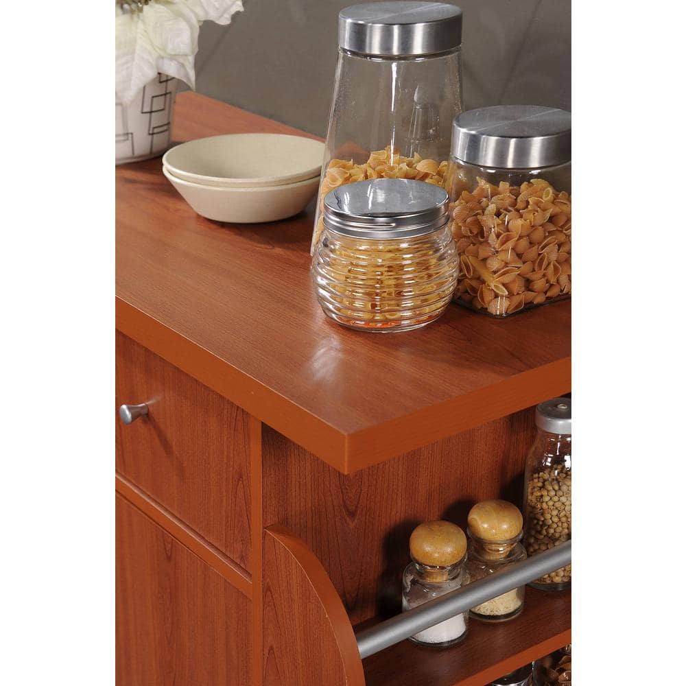 Cherry Wood Kitchen Cart with 3-Shelf Spice Rack and Storage