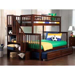 Woodland Staircase Bunk Bed Twin over Full with Twin Size Raised Panel Trundle Bed in Walnut