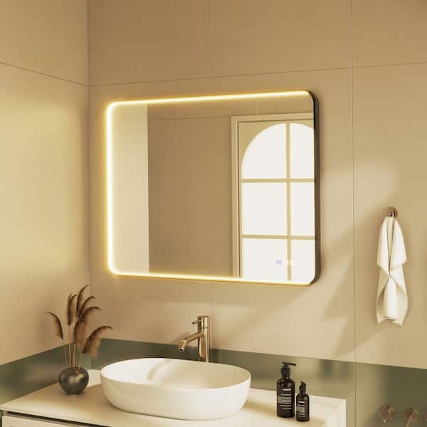 Framed Light 40 in. W x 32 in. H Rectangular Aluminum Framed Anti-Fog LED Bathroom Wall Mirror in Black