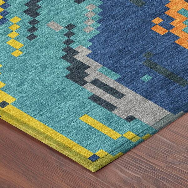 Chantille Machine Washable Indoor/Outdoor Abstract ACN2828 Teal 8 ft. x 8 ft. Round Rug