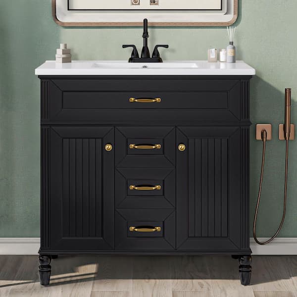 36 in. W Single Sink Freestanding Black Bath Vanity with White Ceramic Top and Drawers, Unassembled