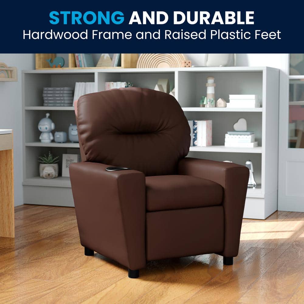 Cozy Brown LeatherSoft Kids Recliner with Built-in Cup Holder