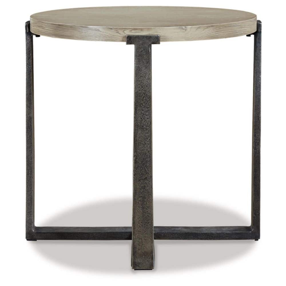 Gray Oak and Aluminum Round Industrial End Table