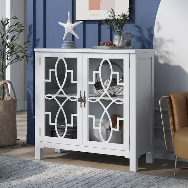 GODEER White Accent Buffet Sideboard Storage Cabinet with Doors and Adjustable Shelf, Entryway Kitchen