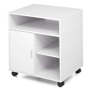 White Office Filing Cabinet with Door, Wood Mobile Printer Stand on Wheels for Storing File Folders