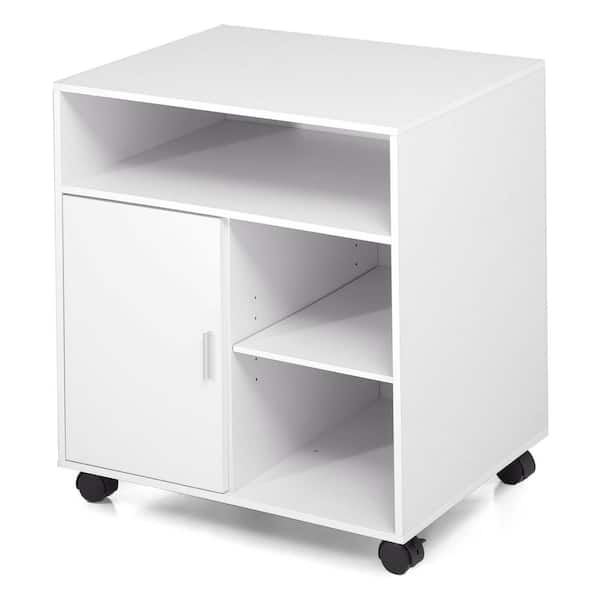 FITUEYES White Office Filing Cabinet with Door, Wood Mobile Printer Stand on Wheels for Storing File Folders