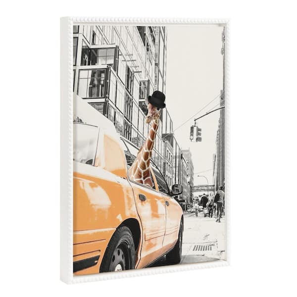 Kate and Laurel Sylvie Giraffe in New York 1-Piece White Framed Canvas Art Print, 18.00 in. x 24.00 in.