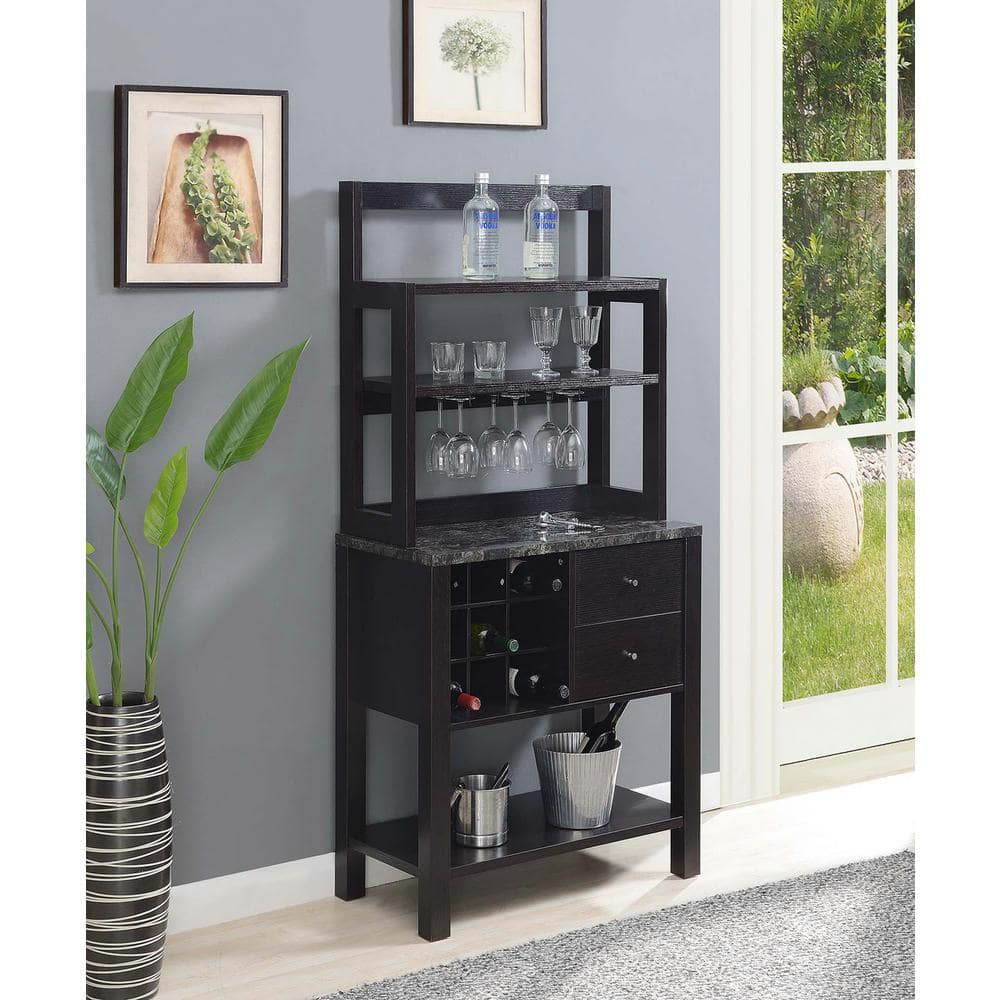 Newport Black Faux Marble Serving Bar with Storage