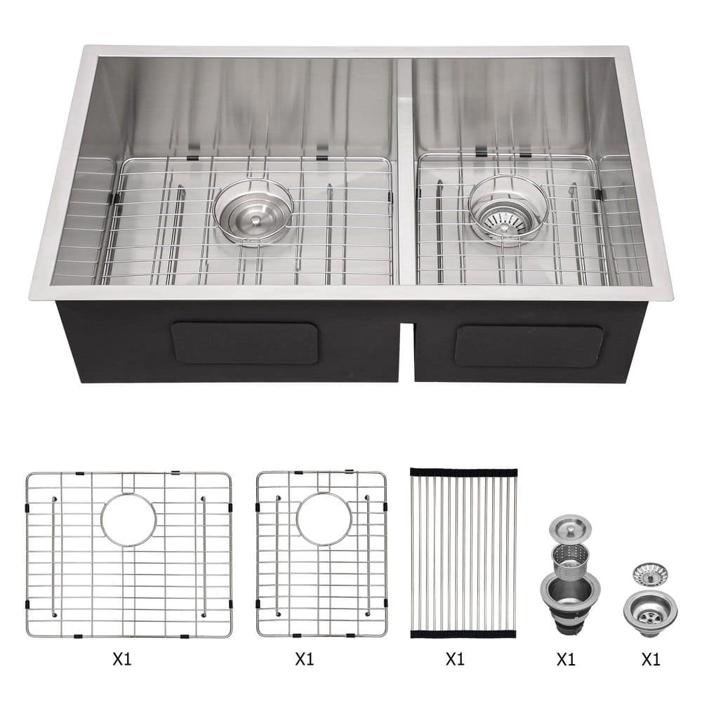28 in. Undermount Double Bowl 16 Gauge Brushed Nickel Stainless Steel Kitchen Sink with Dish Grids and Drain Assembly price history on PriceWatchPro