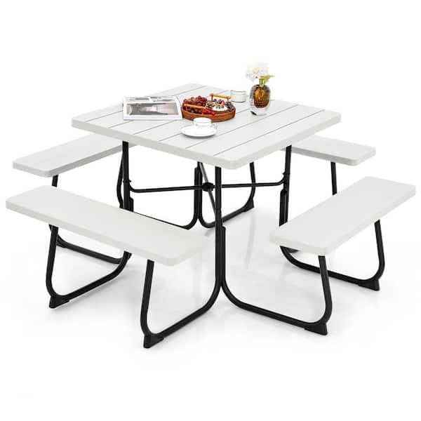 Costway 67 in. White Square Metal Picnic Table Set 8-Person with 4 Benches and Umbrella Hole