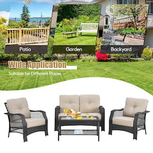 4-Pieces Metal Patio Wicker Furniture Set Loveseat Sofa Coffee Table with Beige Cushion