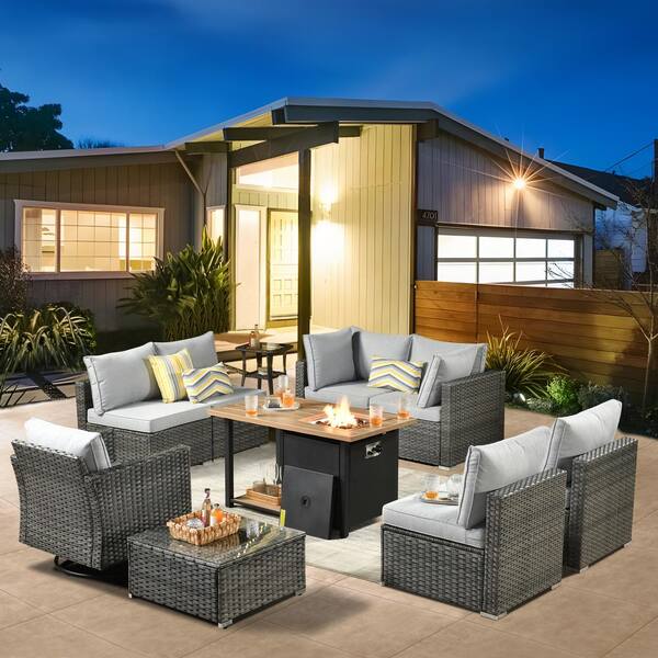 weaxty W Daffodil N Gray 10-Piece Wicker Patio Storage Fire Pit Conversation Set with Swivel Rocking Chair and Light Gray Cushion
