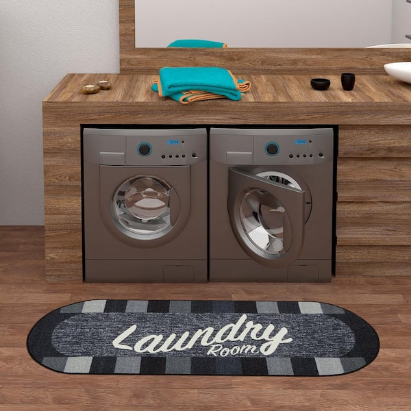 Laundry Collection Non-Slip Rubberback Checkered Border 2x5 Laundry Room Runner Rug,1 ft. 8 in. x4 ft. 11 in. Oval,Black