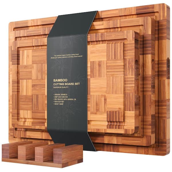 15.8 in. x 11.8 in. Rectangular Bamboo Cutting Boards Set of 3 for Kitchen, End Grain Serving Board with Holder