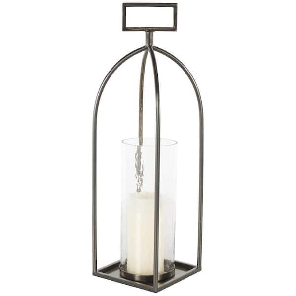 Silver Metal Open Frame Candle Lantern with Rectangle Handles