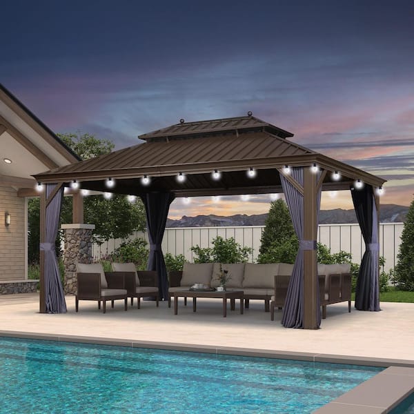 PURPLE LEAF 11 ft. x 15 ft. Bronze Patio Outdoor Gazebo for Backyard Hardtop Aluminum Frame with Hook Netting Blue Curtain 24 Lights