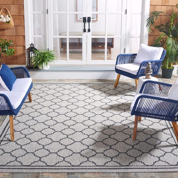 Courtyard Light Gray/Black 7 ft. x 7 ft. Border Quatrefoil Indoor/Outdoor Square Area Rug