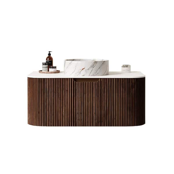 36 in. Wall-Mounted Walnut Bath Vanity with White Engineered Marble Top Pre-Assembled
