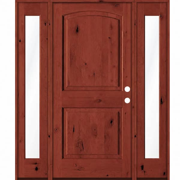 58in.x80 in. Knotty Alder 2-Panel ArchTop Left-Hand/Inswing Clear Glass BEHR Amaretto Stain Wood Prehung Front Door DFSL