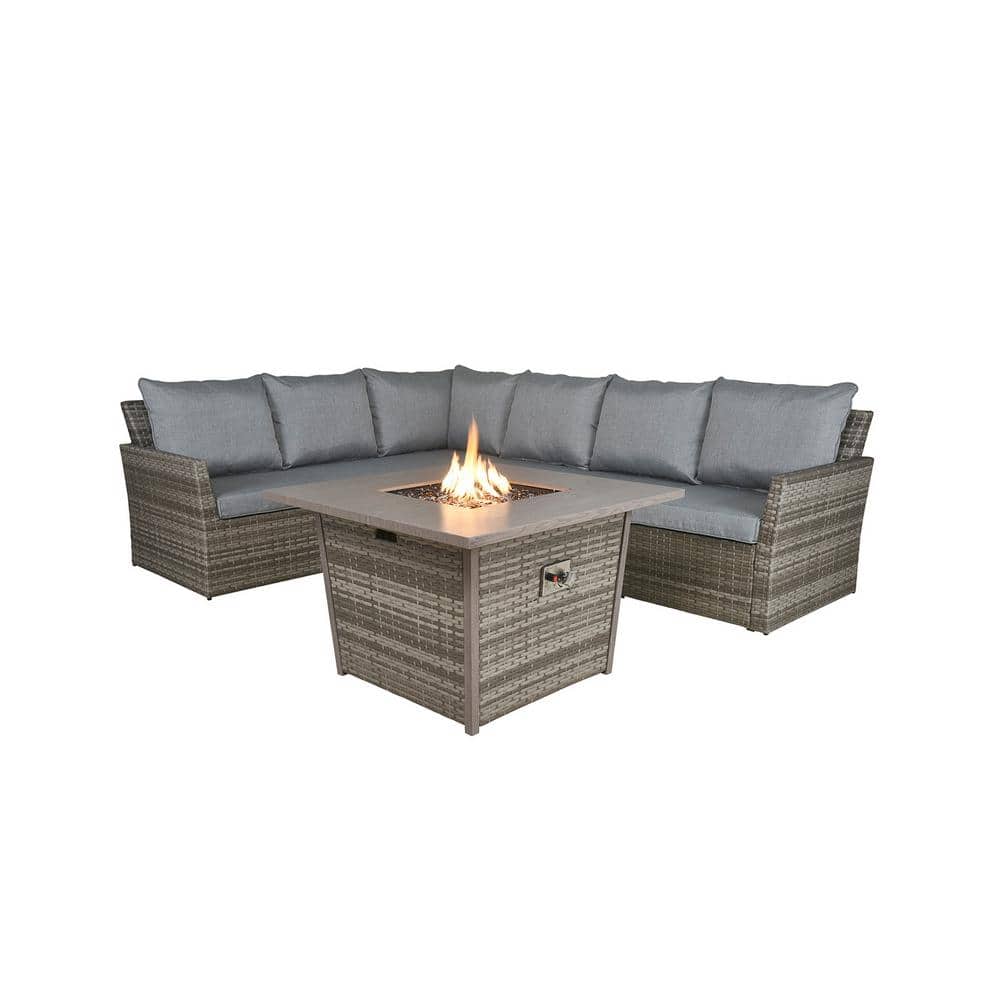 Courtyard Casual Newton 3Piece Aluminum Sectional Fire Pit Set with Gray Cushions 5916 The