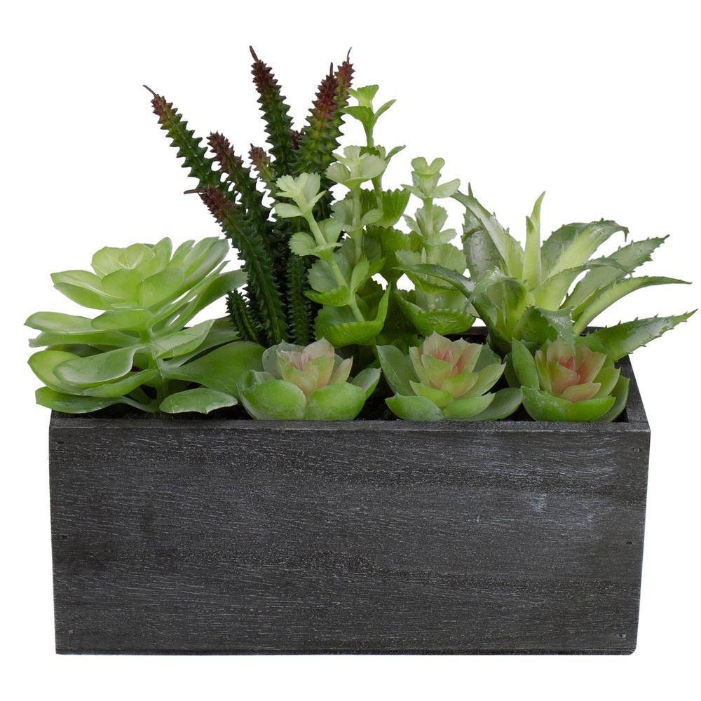Artificial Green Succulent Arrangement in Black Wooden Planter