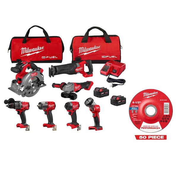 M18FUEL 18V Cordless Combo Kit with 2 5 Ah Batteries (7-Tool) w/ (50) 4 1/2 in Performance + Metal Cutoff Wheel Type 27