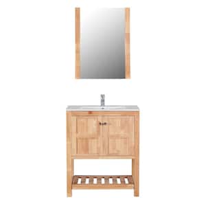 Manhattan 30 in. W x 18 in. D Bath Vanity in Natural Wood with Ceramic Vanity Top in White with White Basin and Mirror