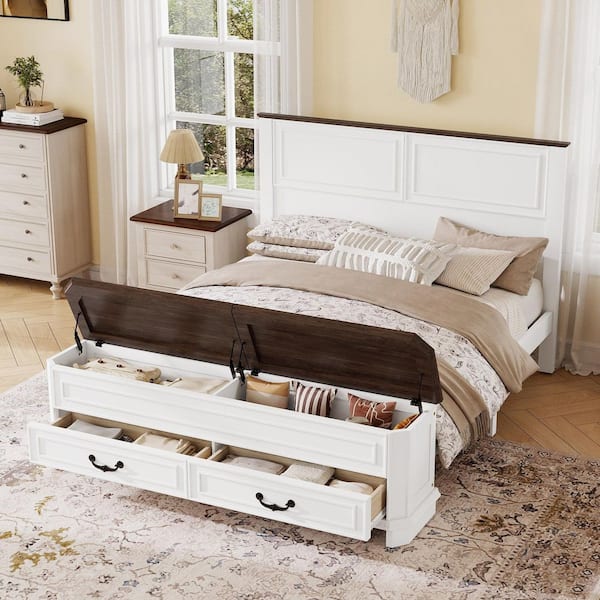 Reinaldo White Wood Frame Queen Size Platform Bed with Headboard, Storage Bench and 2 Large Drawers