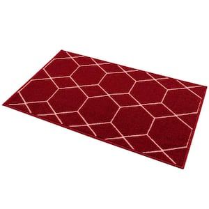 Hexagon Design Red Color 19.5 in. x 32 in. Polyamide Stair Tread Cover Matching Mat