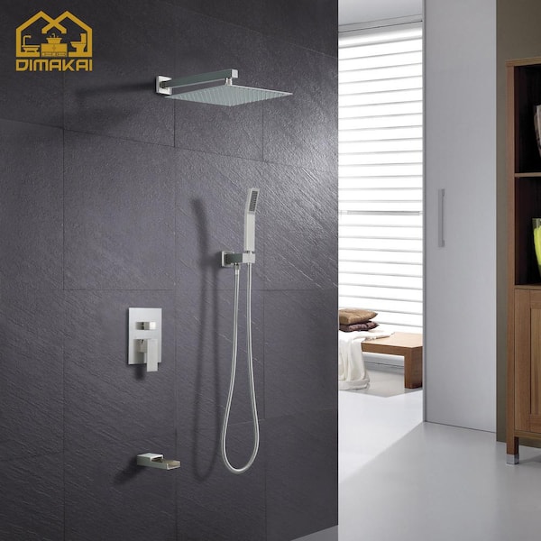 Single-Handle 3-Spray 10 in. Shower Head Tub and Shower Faucet Handheld Shower Combo in Brushed Nickel (Valve Included)