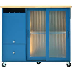 Navy Blue Rubberwood Kitchen Cart with Drop Leaf, Internal Storage Rack, Flip Cabinet Door, and 2 Drawers