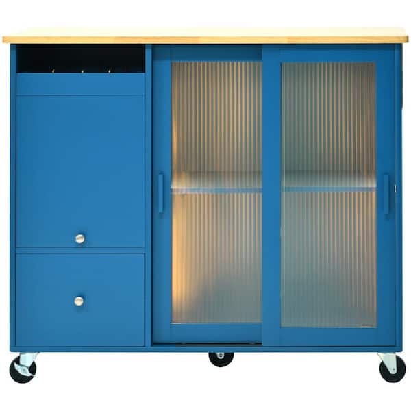 JimsMaison Navy Blue Rubberwood Kitchen Cart with Drop Leaf, Internal Storage Rack, Flip Cabinet Door, and 2 Drawers