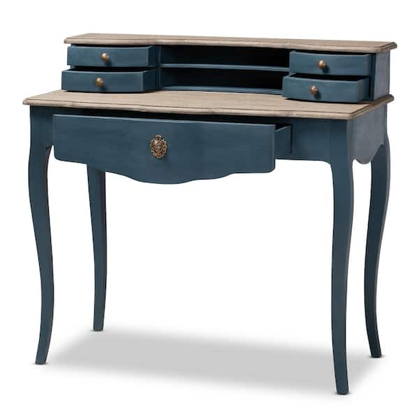 Baxton Studio 39.5 in. Blue Oak Rectangular 5 Drawer Writing Desk