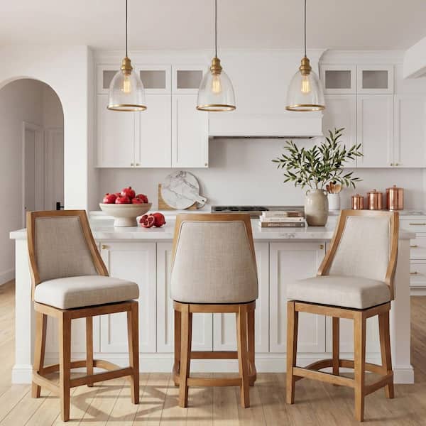 Ellis 26 in. Weathered Oak Wood Counter-Height Bar Stool with Upholstered Oatmeal Fabric Seat and Back