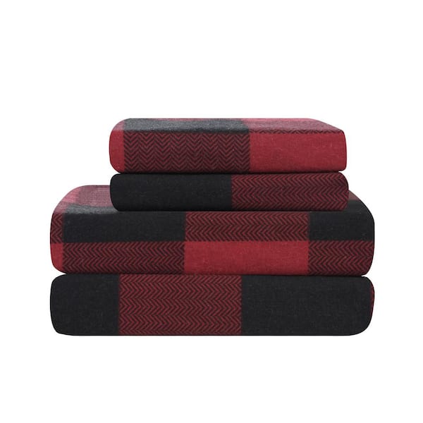 Harper Lane Buffalo Plaid 4-Piece Flannel Sheet Set, Red, Queen, Cotton