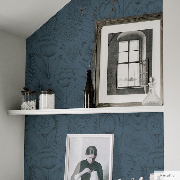 Metallic Blue Ribbon Homestead Floral Vinyl Peel and Stick Wallpaper Roll (Covers 28 sq. ft.)