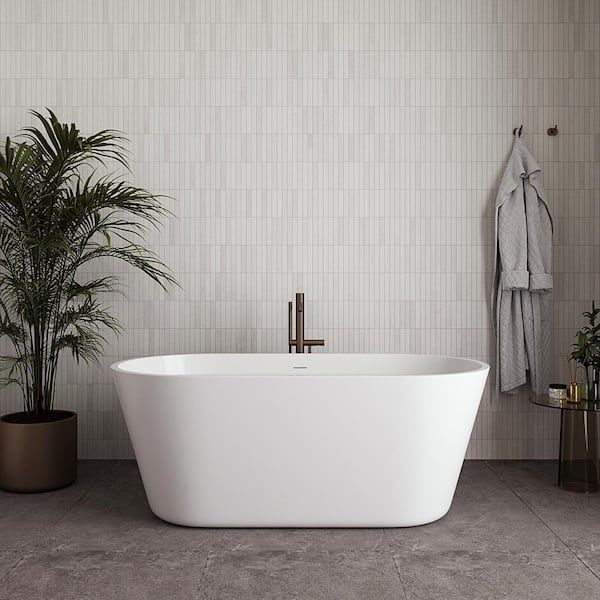 Streamline 59 in. x 30 in. Acrylic Freestanding Soaking Bathtub in Glossy White with Brushed Gold Drain